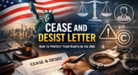 Cease and desist letter concept image with USA flag, Statue of Liberty, legal scales, and document signing to stop harassment and copyright infringement