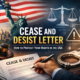 Cease and desist letter concept image with USA flag, Statue of Liberty, legal scales, and document signing to stop harassment and copyright infringement